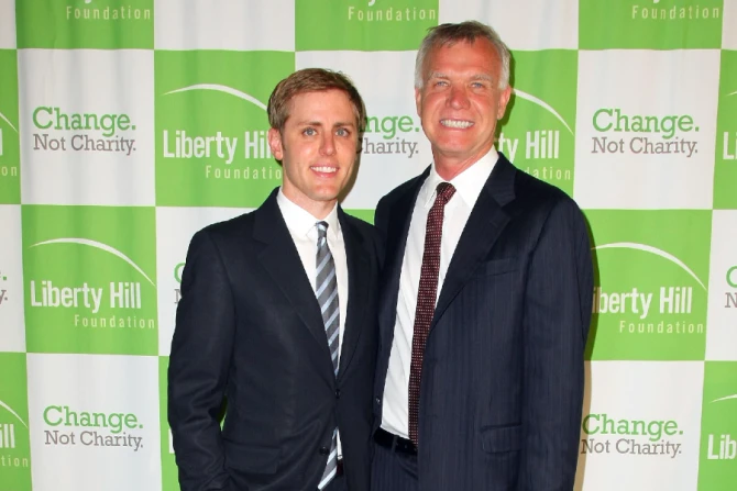 Upton Sinclair Honoree Tim Gill and and husband Scott Miller (L) arrive for the Liberty Hill Upton Sinclair Awards Dinner at The Beverly Hilton Hotel, May 11, 2011 in Beverly Hills, California. Credit: Victor Decolongon/Getty Images.